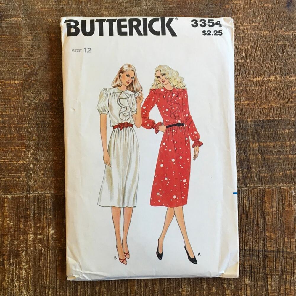 Butterick Sewing Pattern 3354 80s Ruffle Front Feminine Dress 12 UNCUT Vintage